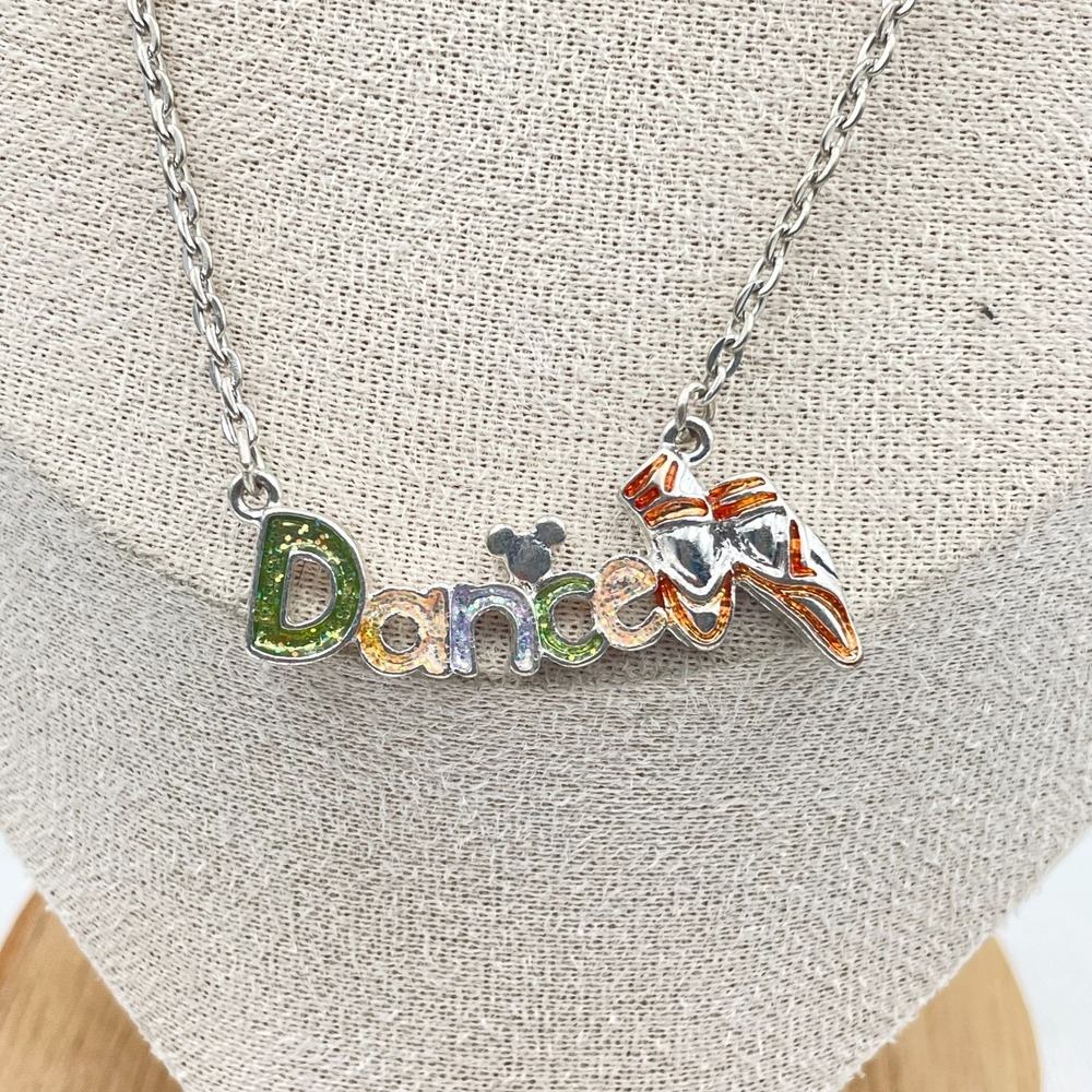 Vintage 90s Disney Dance SilverTone Glitter Enamel Mickey Mouse Necklace Jewelry